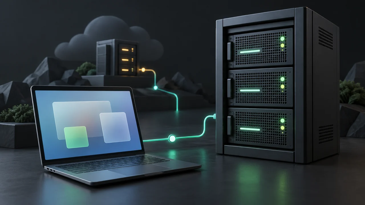 Illustration of a compact server rack connected to a remote laptop, illustrating VPS infrastructure choices.