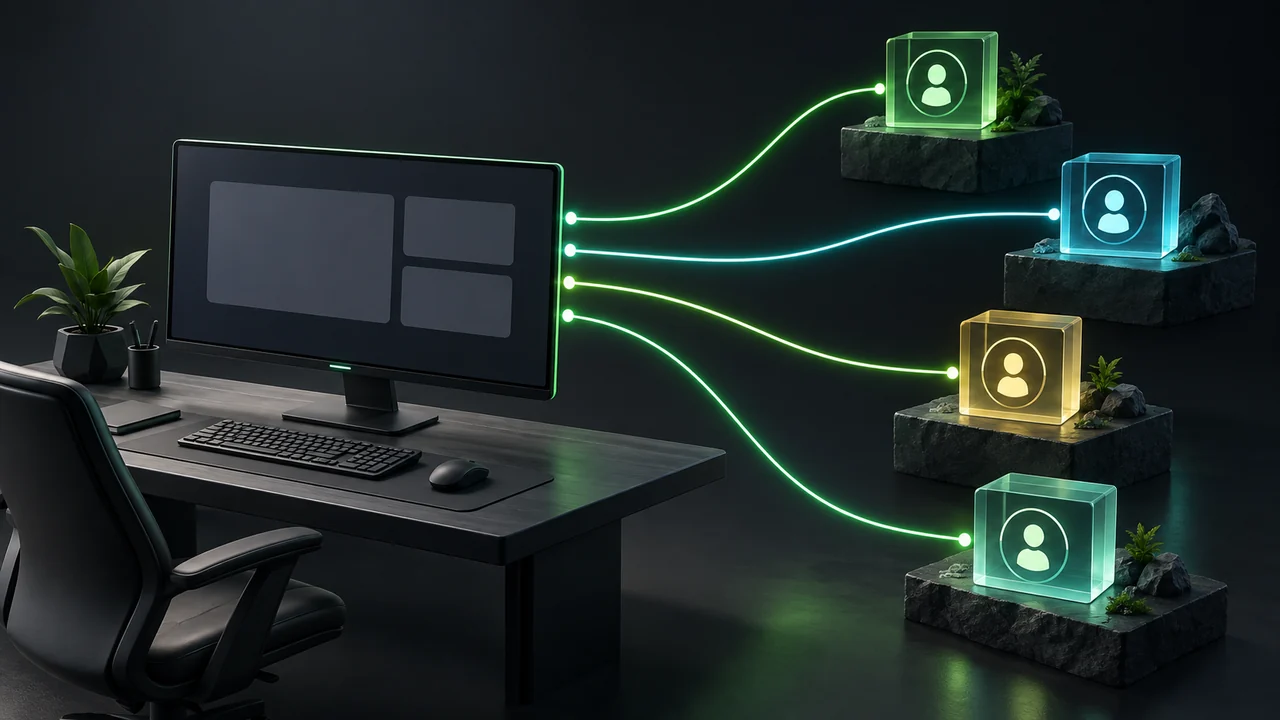Illustration of a central workstation linked by separate illuminated paths to multiple independent account nodes.
