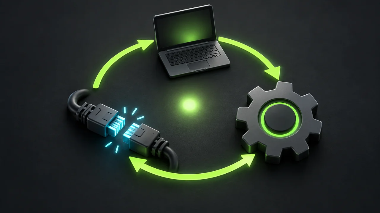 Illustration of a continuous recovery loop joining a computer, network connection, and automation gear.