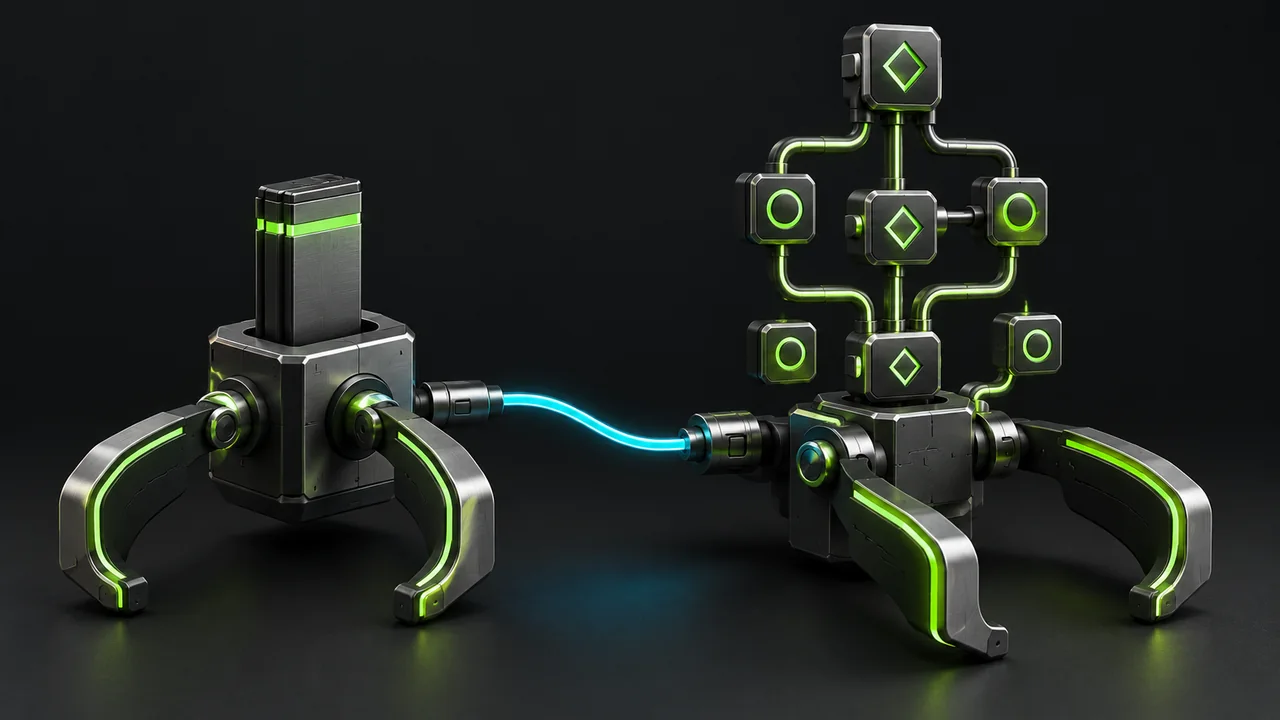 Conceptual illustration of a preset cartridge and a branching program, each connected to paired order-management arms.