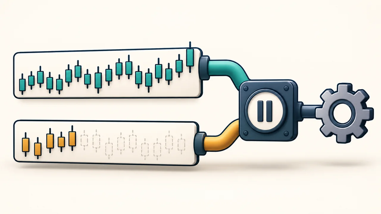 Conceptual illustration of two bar-history streams feeding a paused strategy, with one stream still missing data.
