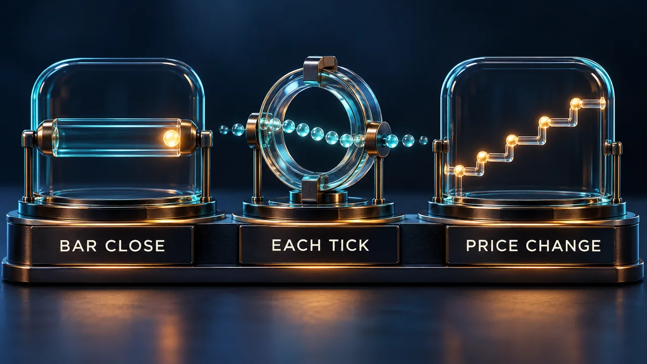 Conceptual illustration of three glass timing modules labeled Bar Close, Each Tick and Price Change, with an end pulse, tick stream and stepped path.