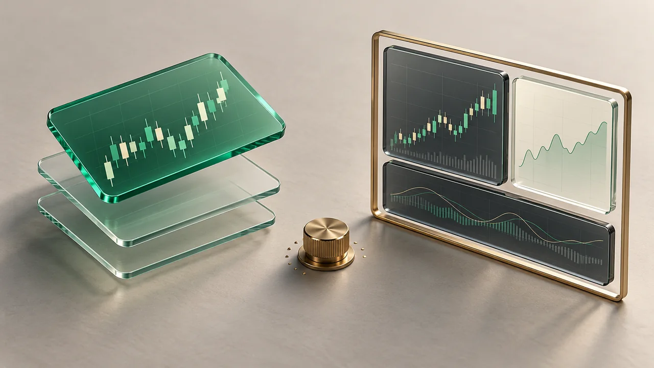 Conceptual illustration of a reusable green chart panel beside a framed arrangement of three windows and a separate settings dial.