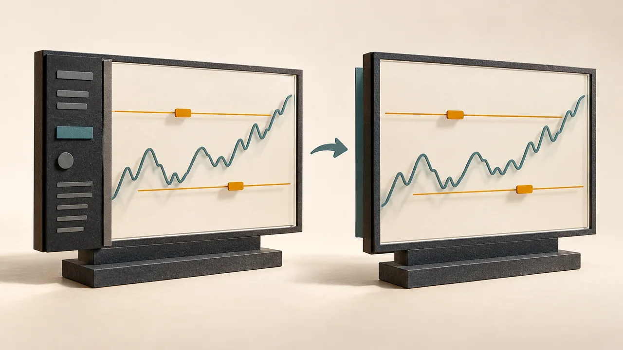 Conceptual illustration of two abstract chart frames, with a side panel extended in one and collapsed in the other while amber order markers remain visible in both.