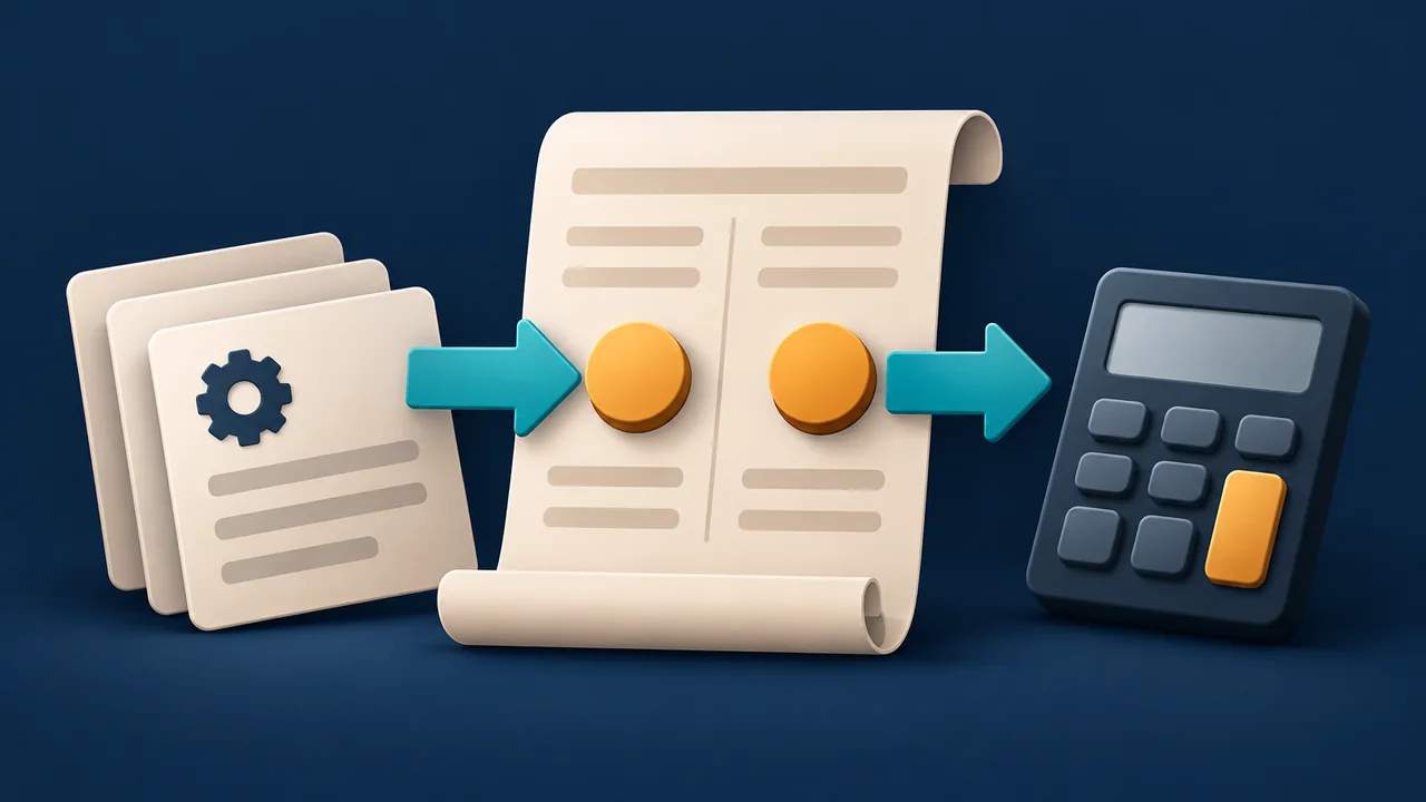 Conceptual illustration of a paper ledger with an amber cost token on each side, teal entry and exit arrows, template cards and a calculator.