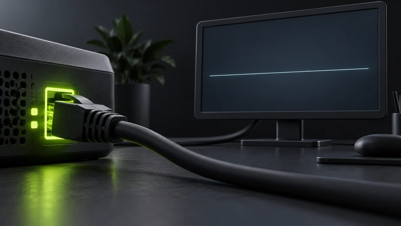 Illustration of a connected network cable feeding a blank display with a flat, empty data stream.