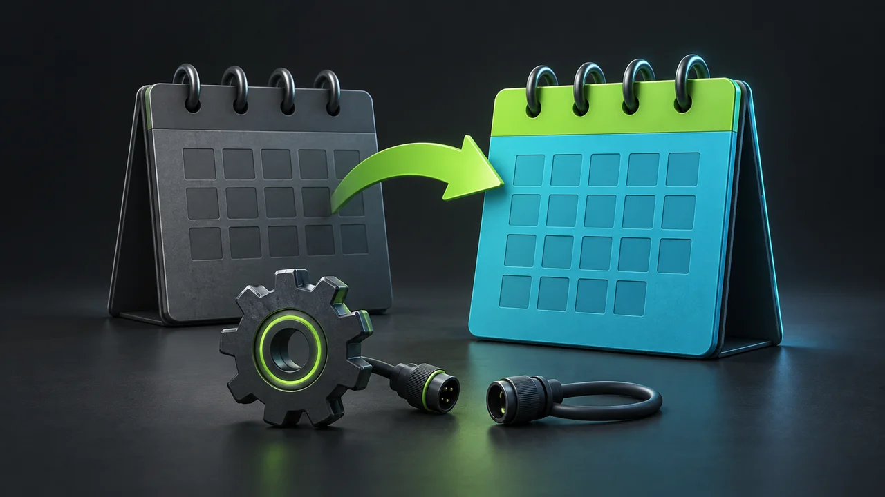 Conceptual illustration of two contract-month calendars connected by a rollover arrow, with a separate automation gear and disconnected cable.