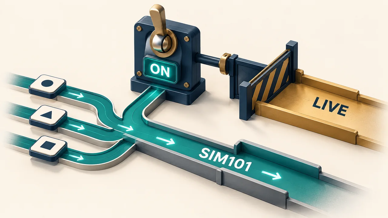 Conceptual illustration of an enabled master switch routing three tokens into a Sim101 lane while a gate blocks the live-account lane.