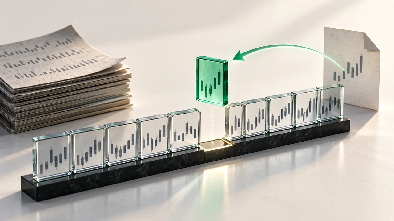 Conceptual illustration of a green replacement tile filling a gap in a glass market-data timeline, with archived records and an import document.