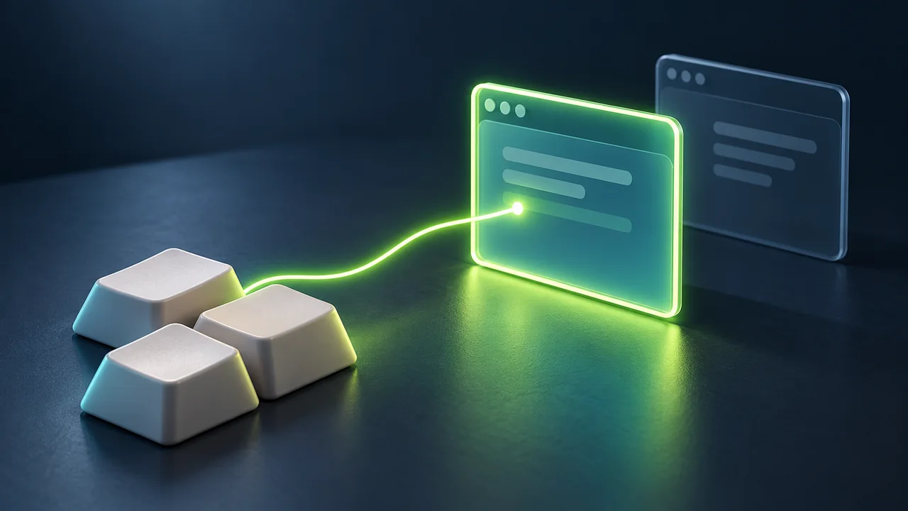 Conceptual illustration of three keyboard keys sending a green signal to one highlighted abstract window while a second window stays inactive.