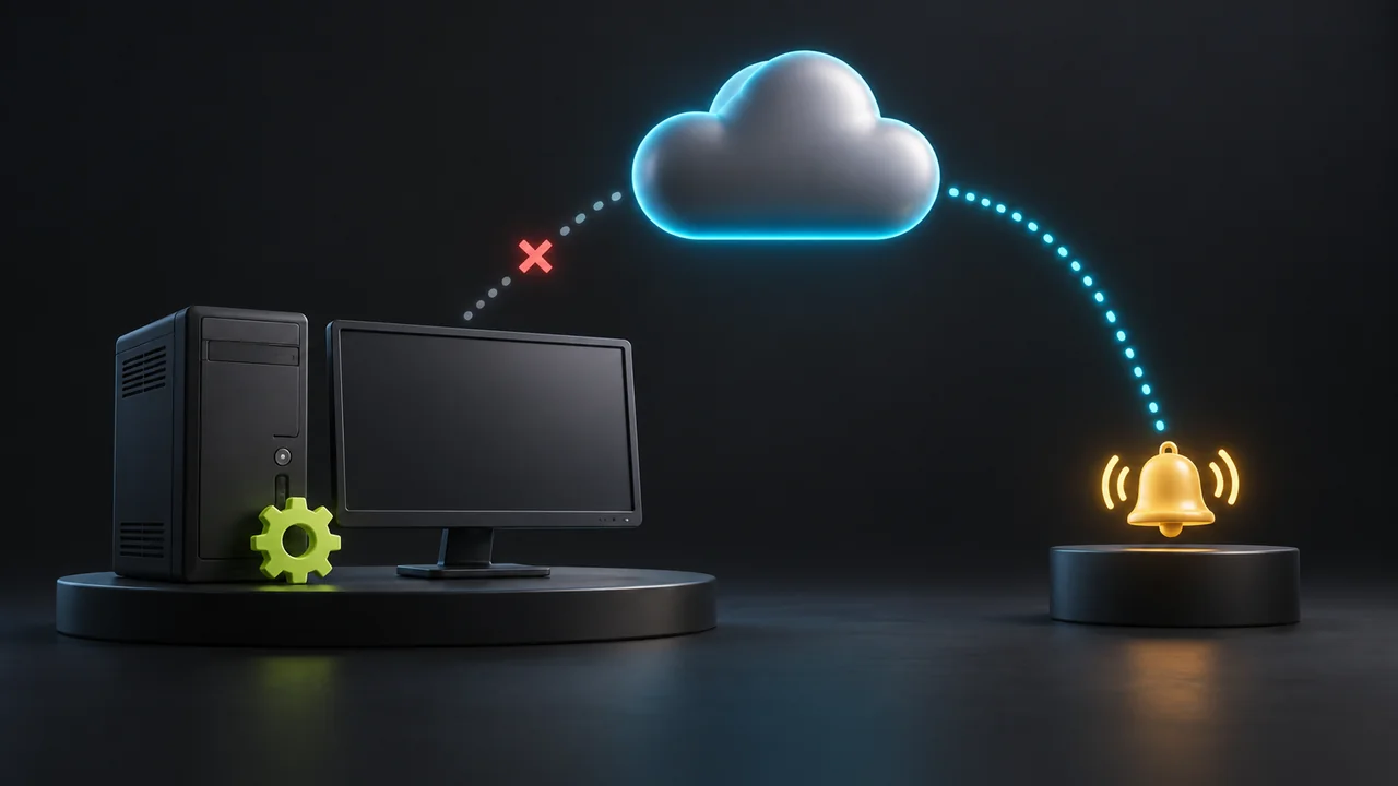 Conceptual illustration of a local workstation with an interrupted check-in path to a cloud and a separate cloud notification bell.
