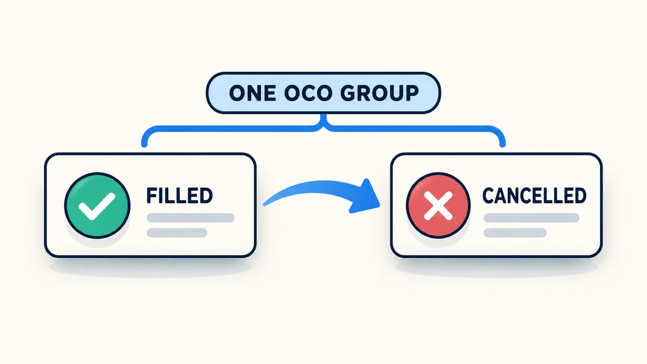Conceptual illustration of two orders in one OCO group, with a filled order triggering cancellation of the linked order.
