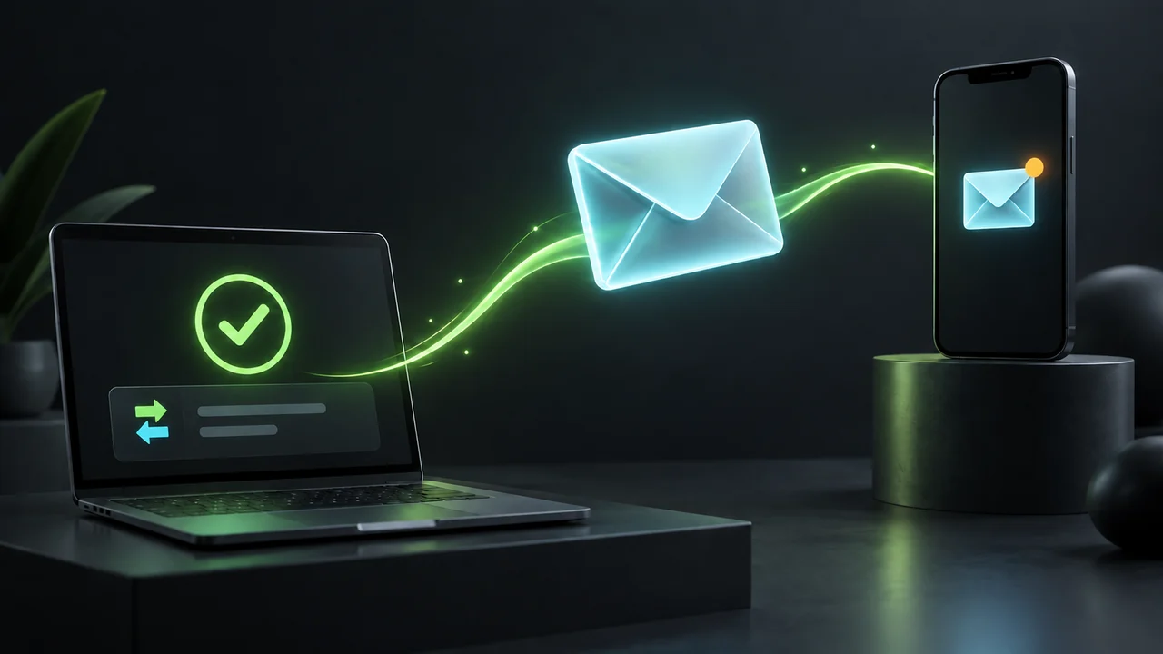 Illustration of a completed order on a computer sending an email envelope alert to a phone.