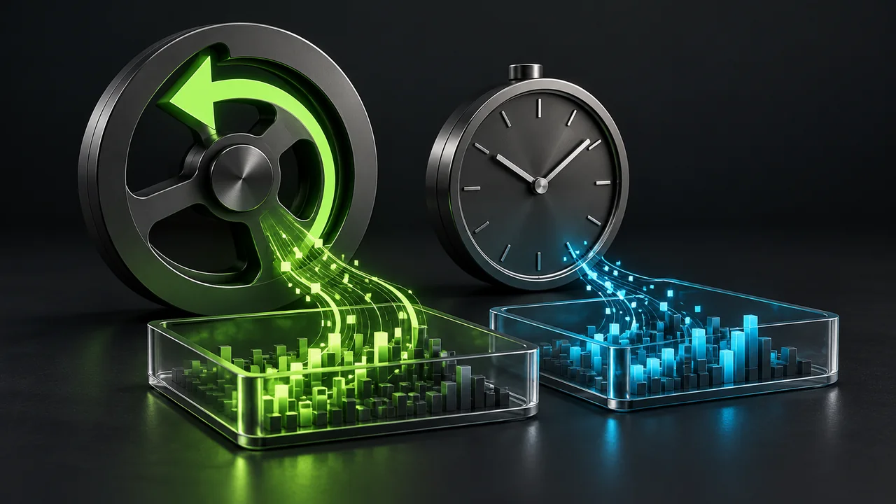 Illustration of a replay wheel and clock feeding separate simulation trays.