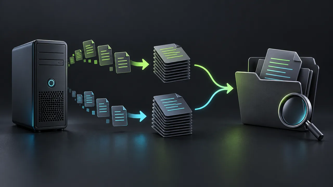 Illustration of two document streams from a computer gathered into diagnostic file stacks and a folder with a magnifying glass.