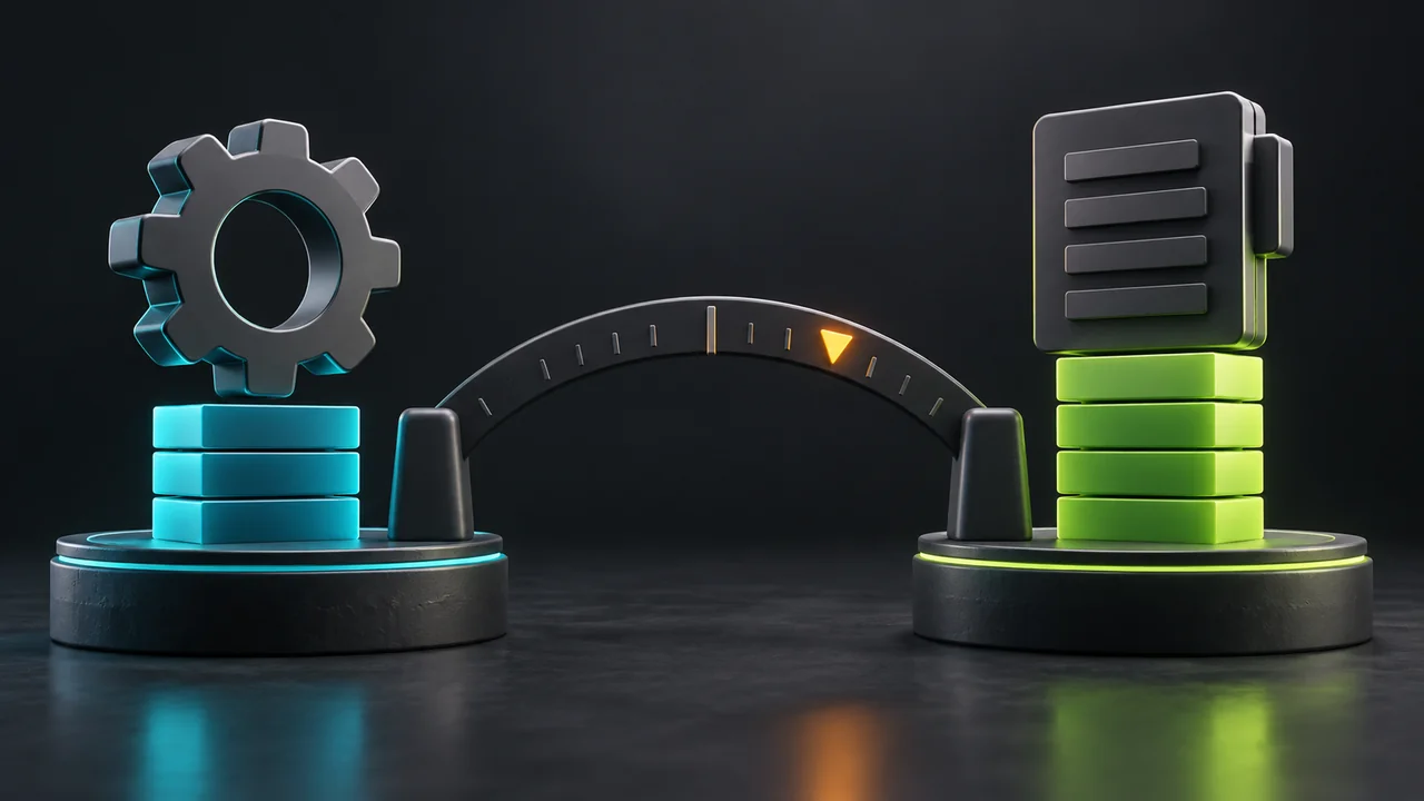 Conceptual illustration of an automation gear and an account ledger on unequal stacks, joined by a comparison gauge.