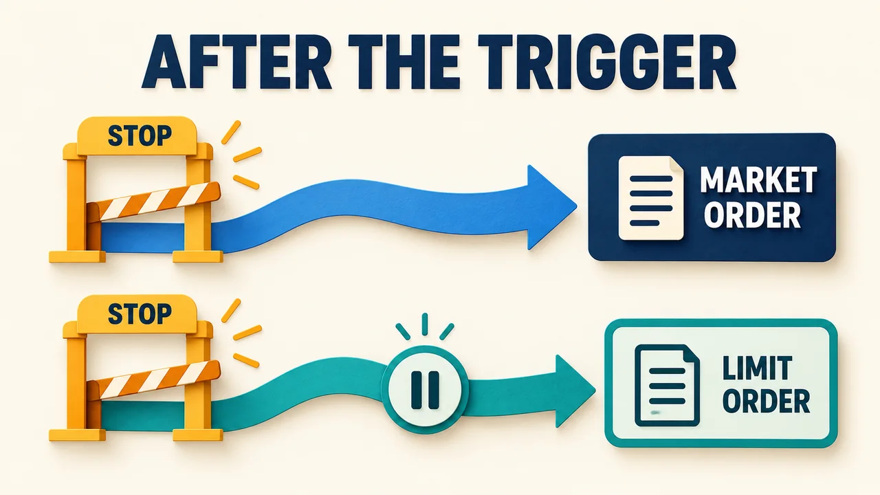 Conceptual illustration of two stop triggers leading to a market order or a price-constrained limit order.