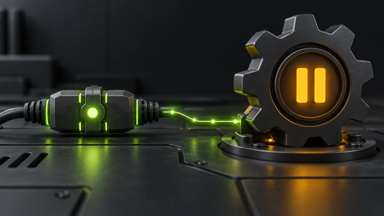 Illustration of a restored green network connection beside an automation gear still marked with an amber pause symbol.