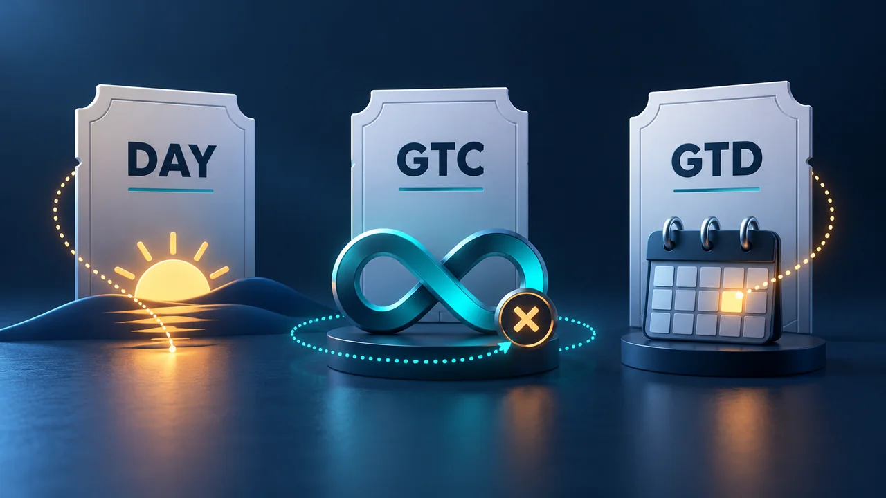 Conceptual illustration of DAY, GTC and GTD order tickets with a session-end sun, cancellation loop and selected calendar date.