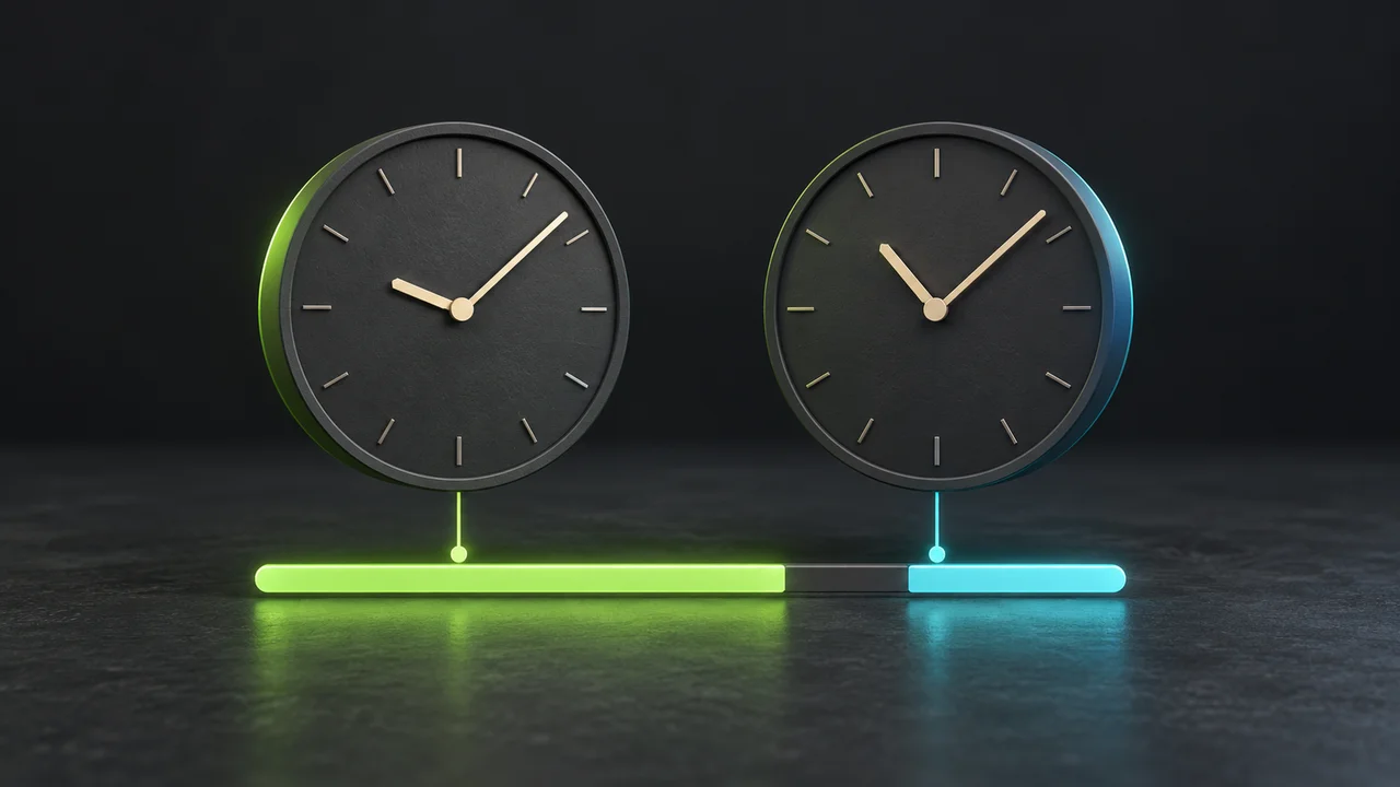 Conceptual illustration of two clocks showing different hours above a trading-session band with illuminated periods and a dark gap.