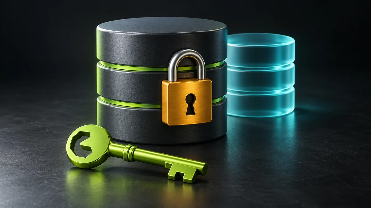 Illustration of a locked database cylinder beside a backup copy and a repair key.