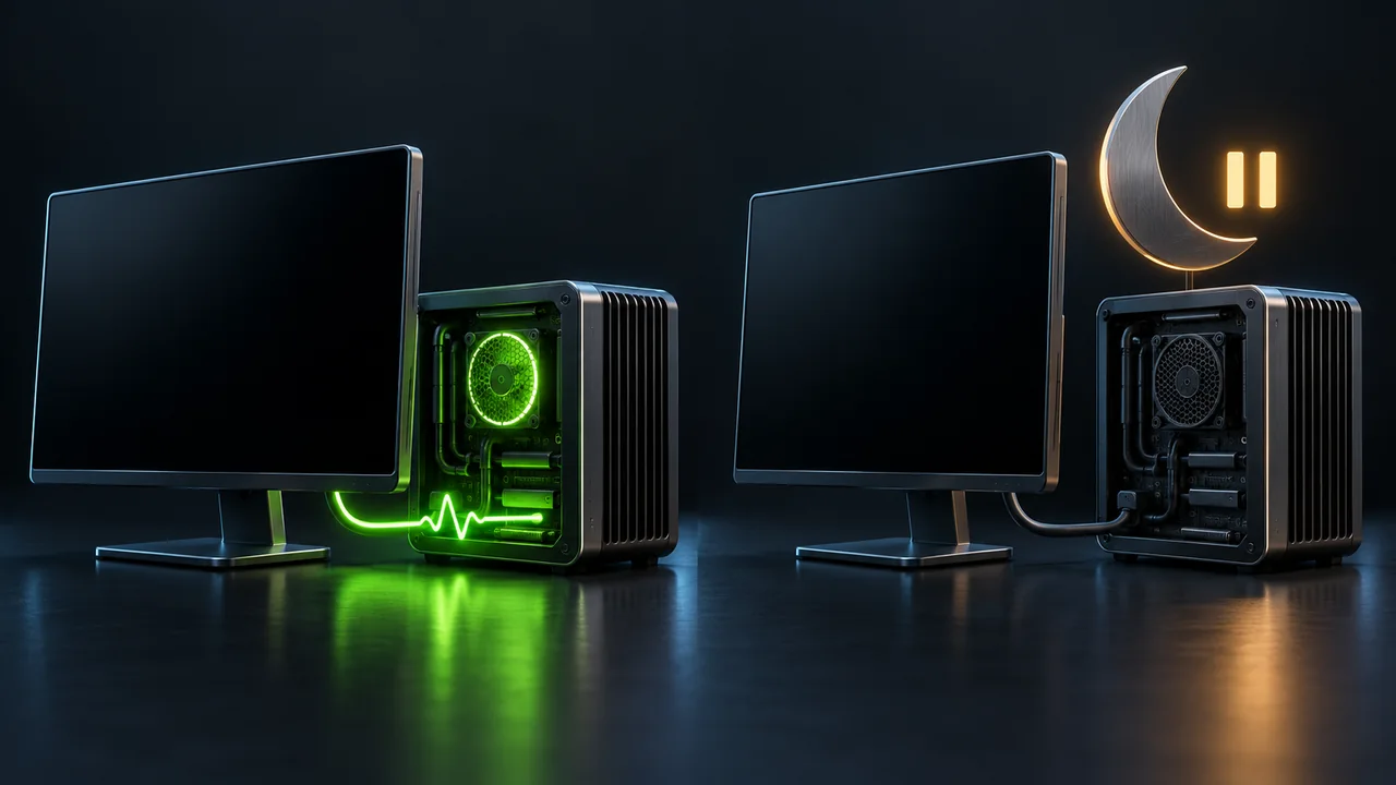 Conceptual illustration contrasting a dark monitor connected to a glowing active computer with a dormant computer under a crescent moon and pause symbol.