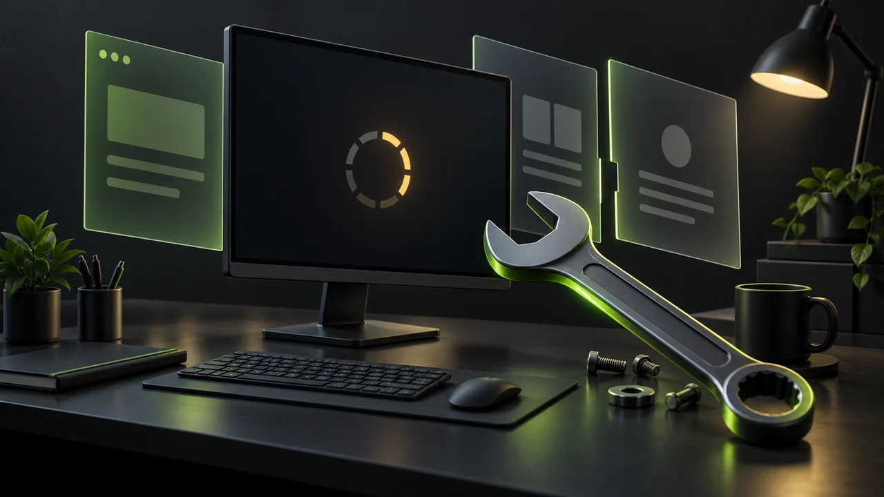 Illustration of a stalled workstation with layered workspace panels and a maintenance wrench.