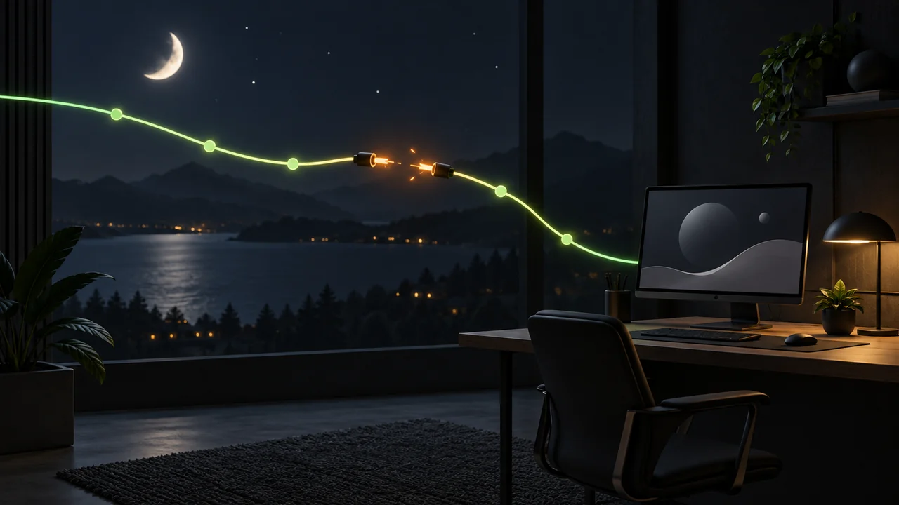 Illustration of an overnight workstation with a broken amber network link beneath a crescent moon.