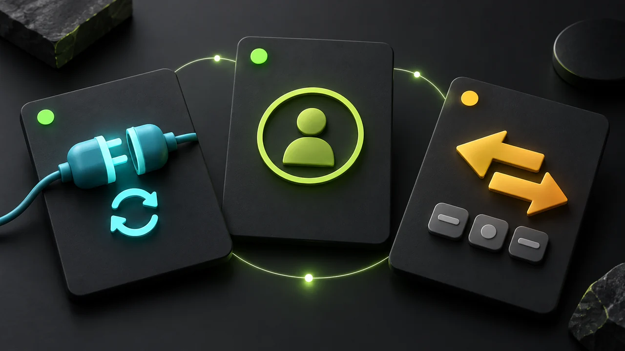 Illustration of three separate cards for network reconnection, account identity, and order state.